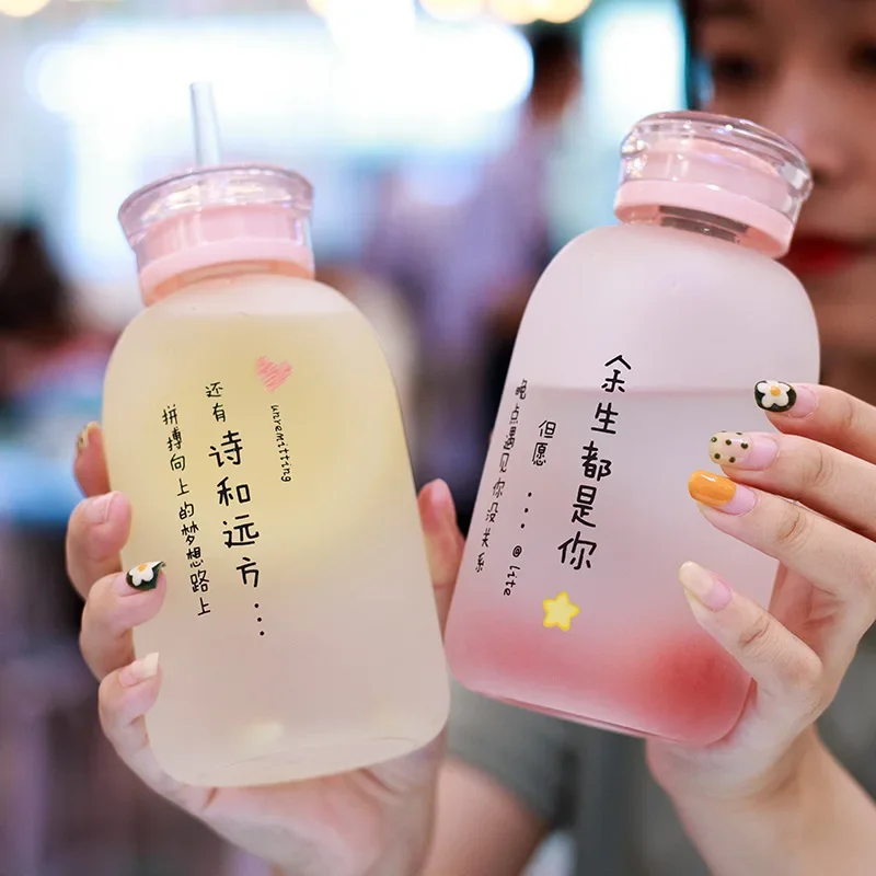 

Super Cute Water Bottles Simple Girl Straw Cup Cartoon Frosted Leakproof Drinkware Bottle Glass Cup Portable Kawaii Water Bottle