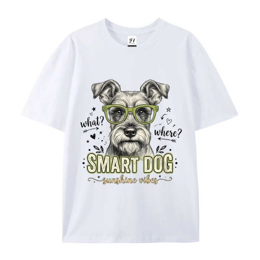 Women T Shirt Smart Dog Schnauzer Graphic Green Glasses Vintage White Summer Short Sleeve Loose Cotton Funny Animal Lover Tops
