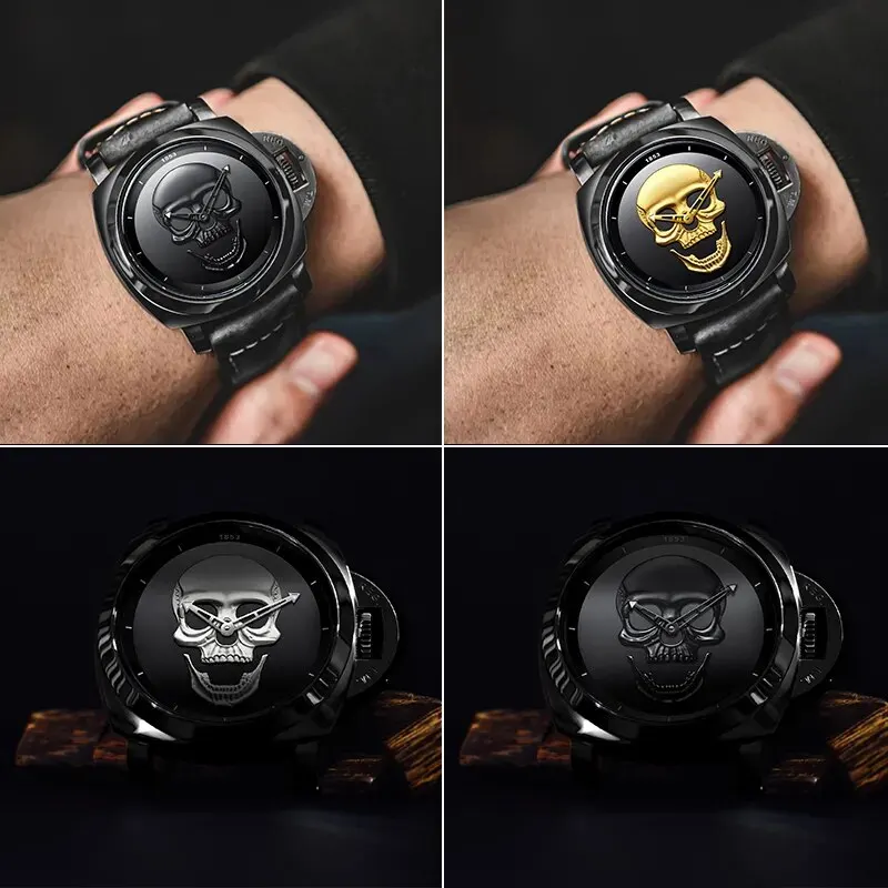 ZUNPAI Original Watch for Men Waterproof Sport Fashion Leather Strap Gold/Black Luminous Cool Skull Analog Quartz Wristwatches