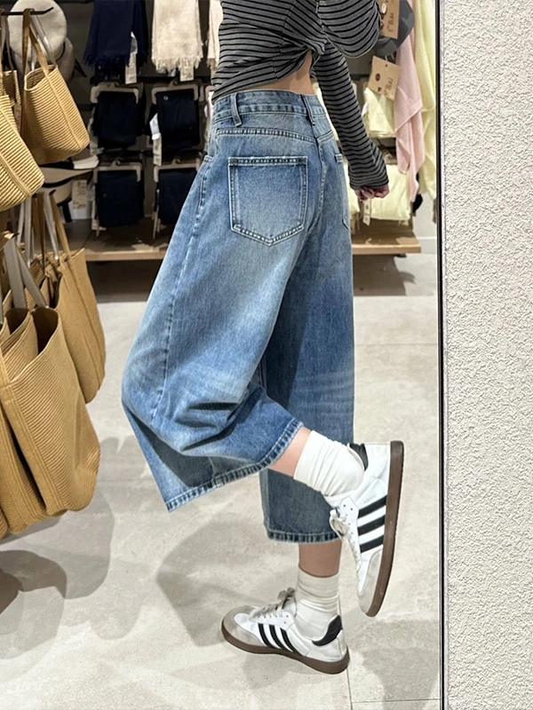 

plus Size High Waist Straight Leg Blue Denim Jeans Women's Summer Loose Fit Casual Wide Leg Pants Tapered Crop Jeans