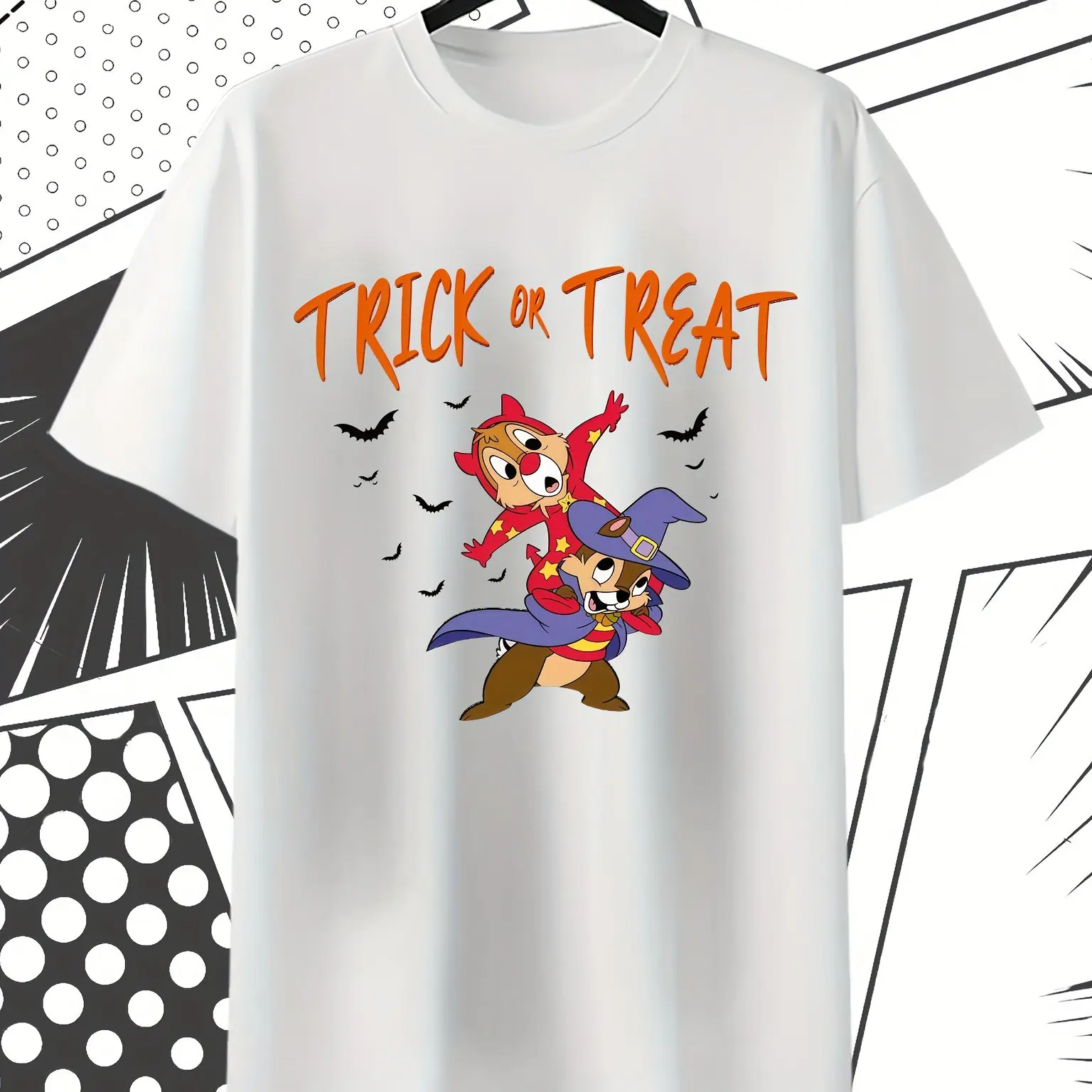 تي شيرت ديزني تشيب آند ديل للهالوين - تي شيرت ناعم برقبة دائرية وأكمام قصيرة مع أنماط لطيفة وخفافيش مخيفة - كاجوال #2