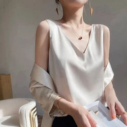 Ladies Silk Suspenders Solid Satin Vest Spring Autumn 2022 New Wild Pullover Tops Women Interior Front/Rear V-Neck Summer Thin