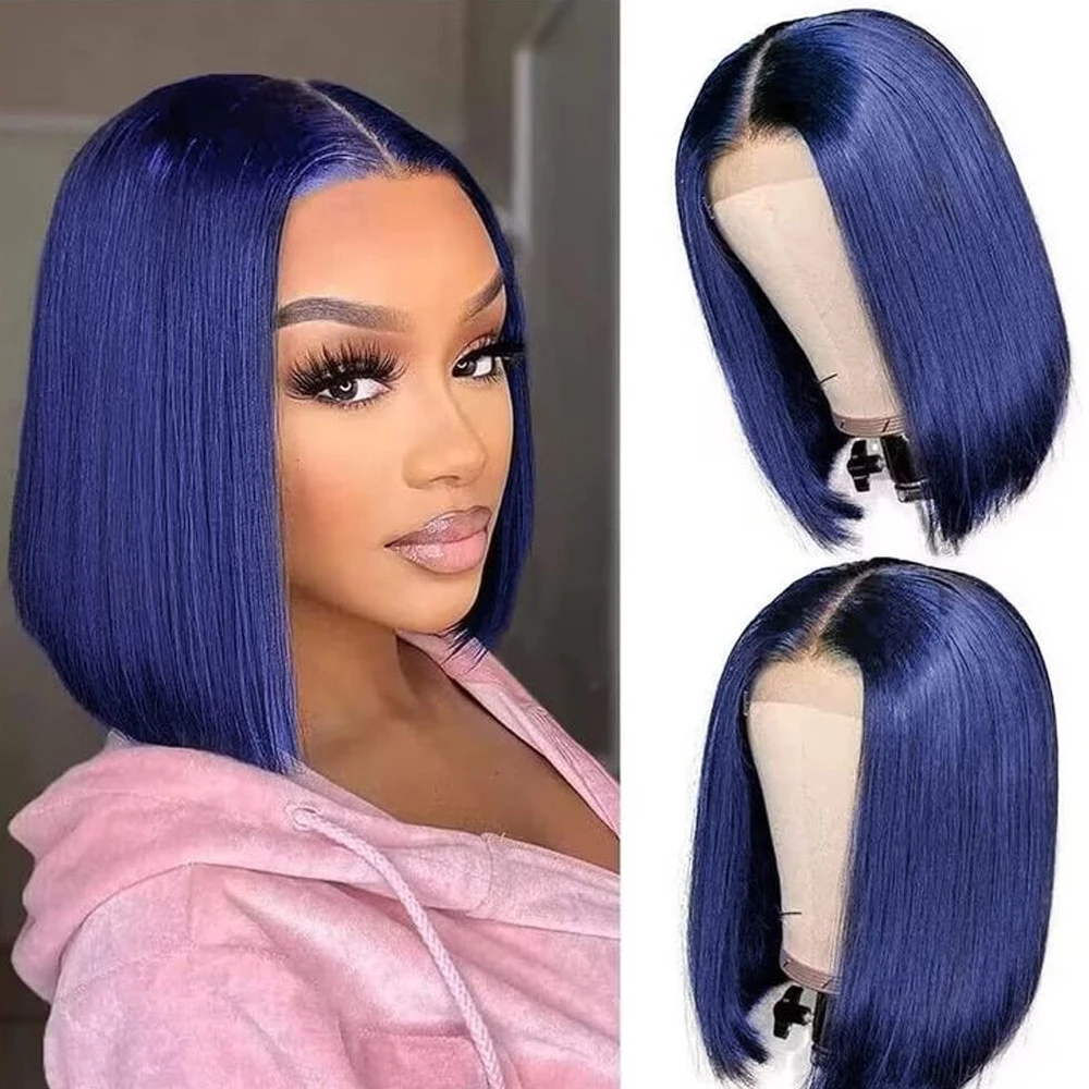 الأزرق مستقيم قصير بوب خصلات الشعر المستعار الإنسان 13X4 الدانتيل الباروكة الأمامية شعر الإنسان البرازيلي الشعر الدانتيل الجبهة الباروكات للنساء #3