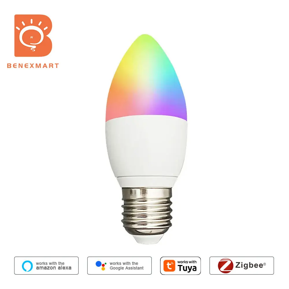 Benexamrt E27 Led Candle Bulb Zigbee Lights Smart Dimmable Lamp 5W RGBCW Colorful Work with Tuya Alexa Google Home Smartthings