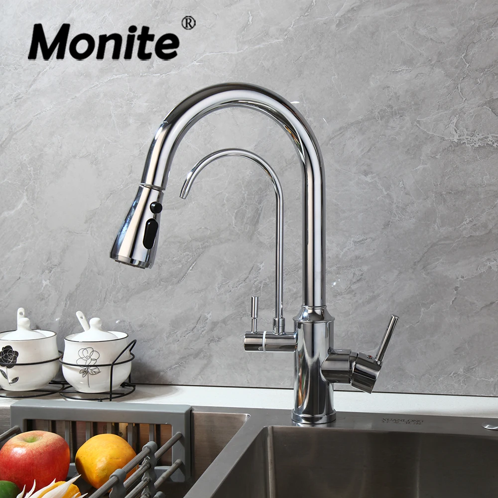 Monite Chrome Single Hole Pull Out Spout Kitchen Sink Faucet Hot And Cold Water Stream Sprayer Head Deck Mounted Mixer Tap