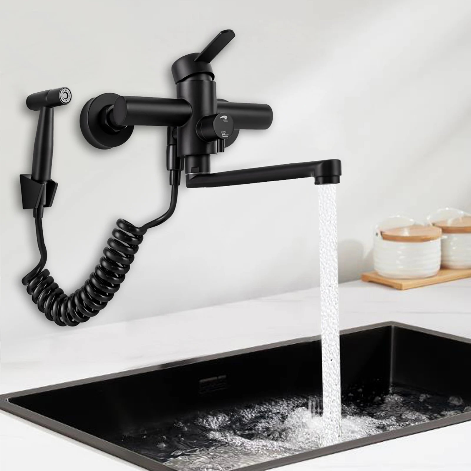 Wall Mounted Wall Mixer Tap with Spray Gun and 3 Water Jet Types Kitchen Tap Sink Mixer Tap 360° Rotatable Stainless Steel