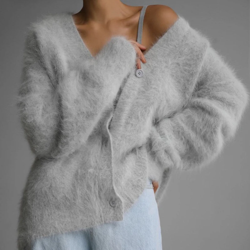 Fashion Single Breasted Knit Wears Imitation Mink Cardigan Women Autumn Long Sleeve V Neck Knitted Lazy Loose Sweater Female