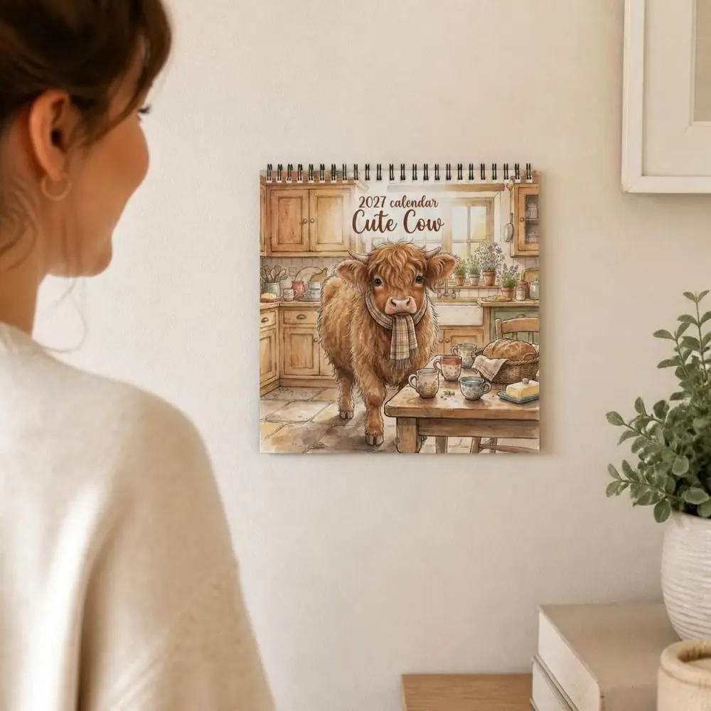 12-Month 2027 Highland Cow Wall Calendar Rural Style Coil Bound Farm Animal Monthly Calendar Cute Cow Large Font