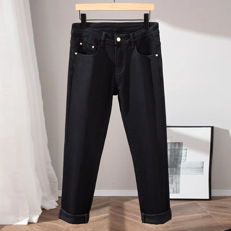 PL جينز رجالي أسود نقي عالي الجودة على الطراز الأوروبي بقصة ضيقة ينعم صورتك الظلية المستقيمة الساق بناطيل كاجوال لخريف/ث