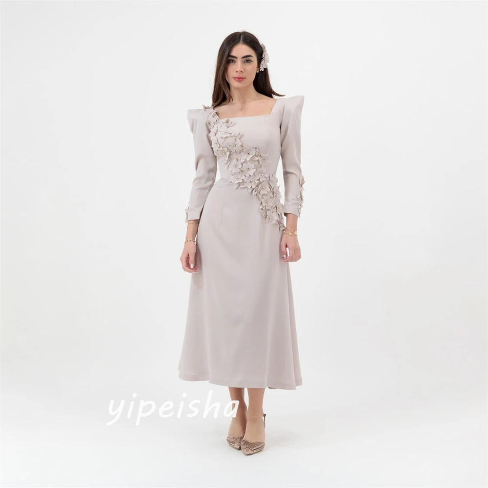 Jiayigong  Satin Flower Draped Celebrity A-line Square Collar Bespoke Occasion Gown Midi Dresses