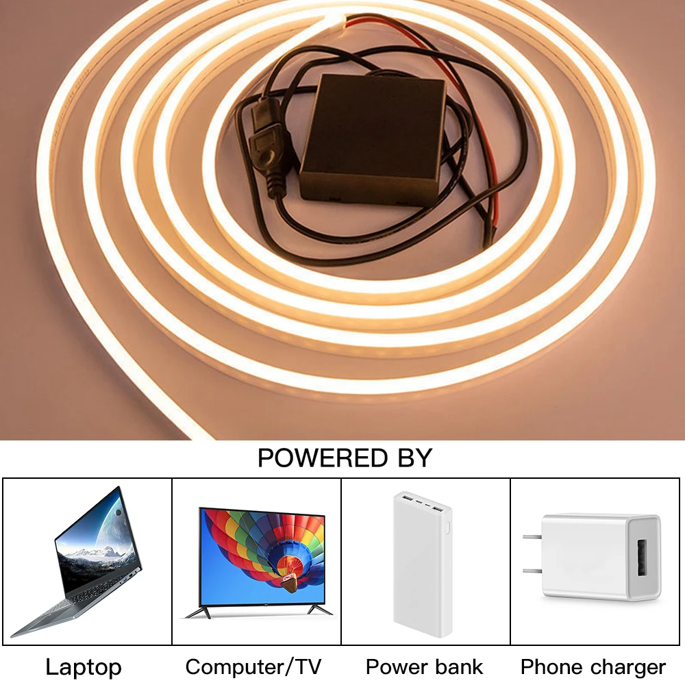 Bande Lumineuse LED Néon Flexible et Étanche avec Boîtier de Batterie, SMD 120, 5V, 2835 gible/m, 0.5-3m, pour Décoration de la Maison