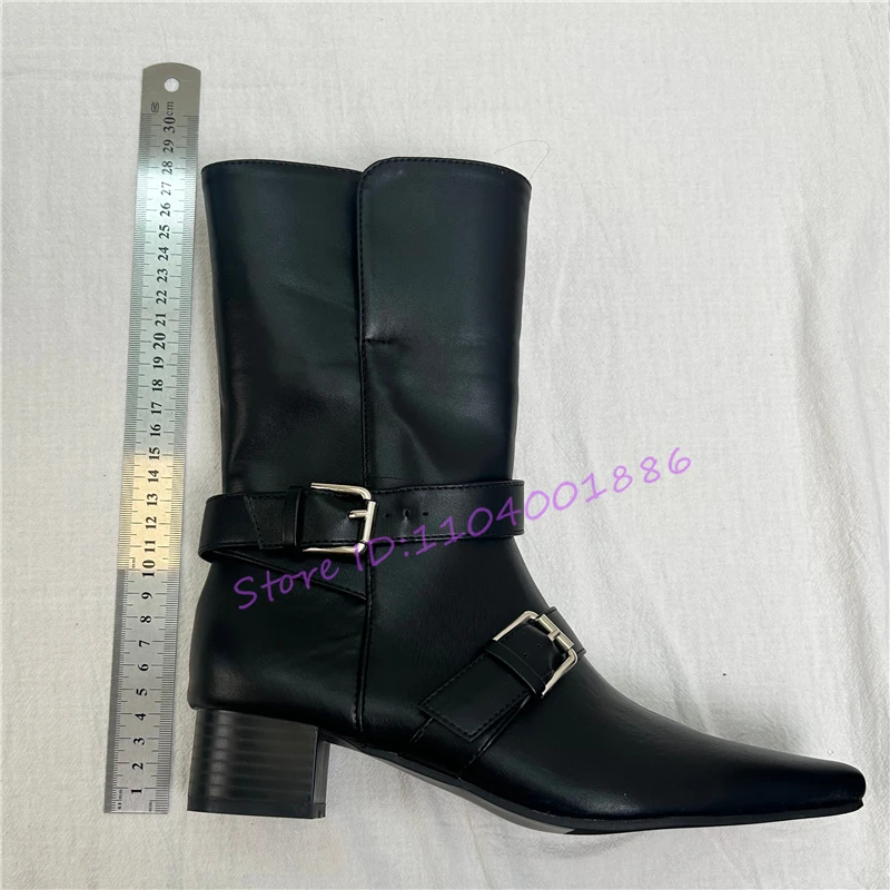 جلد أسود كعب سميك الأحذية الغربية الرجعية ساحة تو مشبك معدني دراجة نارية الجوارب ربيع الخريف موضة جديدة أحذية النساء