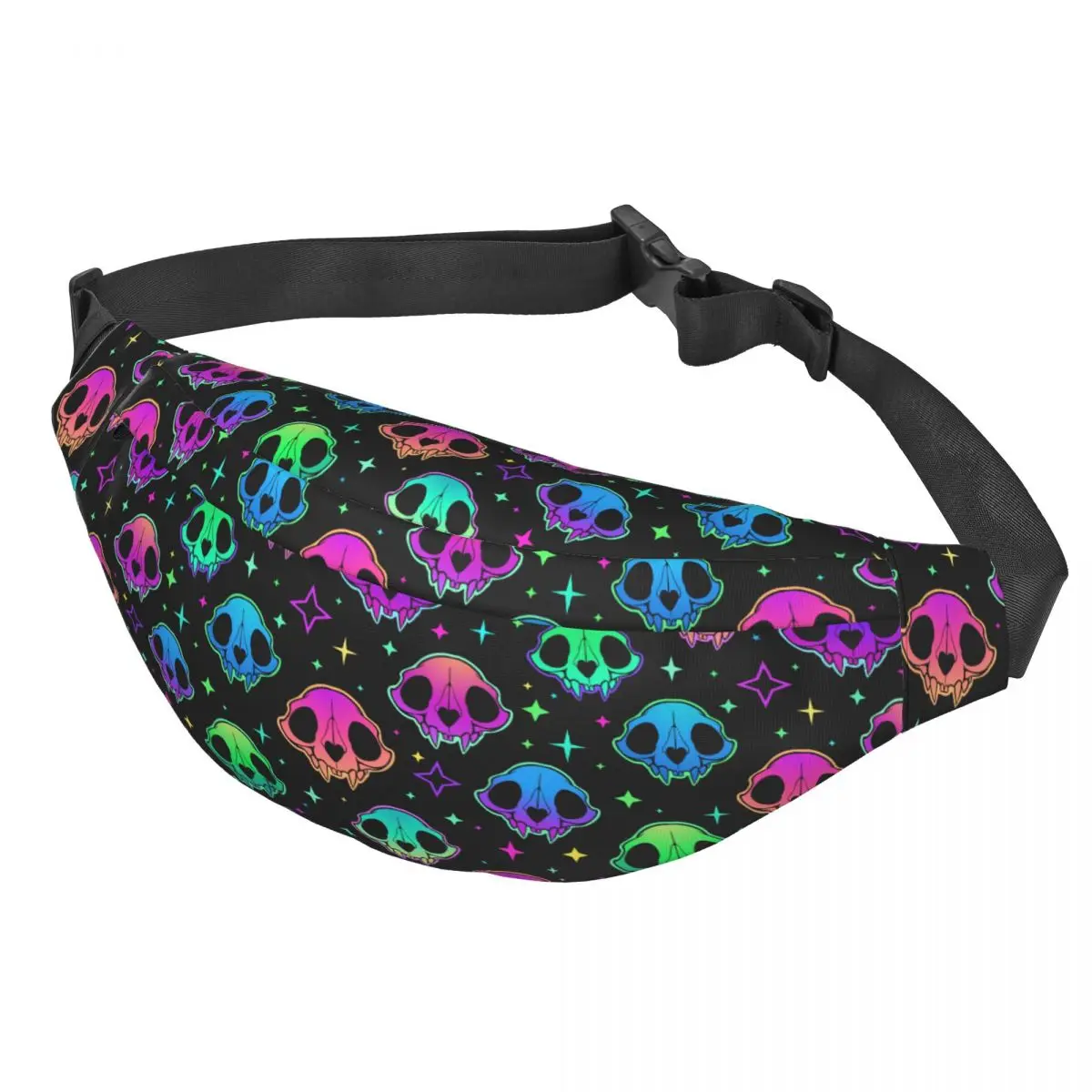 Custom Halloween Neon Cat Skull Stars Pattern Fanny Pack Travel Hiking Women Men Sling Crossbody Waist Bag Phone Money Pouch