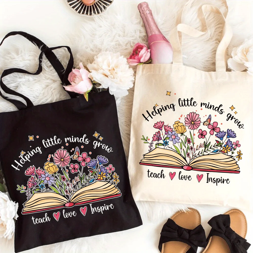 Aesthetic Floral Book Canvas Tote Bag Women Helping Little Minds Grow Graphic Shopper Bag Teach Love Inspire Daily Shoulder Bag