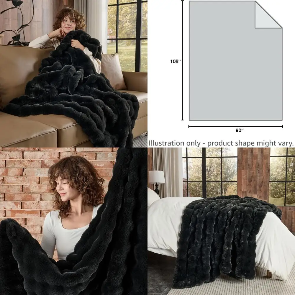 

Luxurious Plush Black Faux Fur King Size Blanket, 108x90 - Big Bubble Rabbit Fluff Throw for Cozy Bed