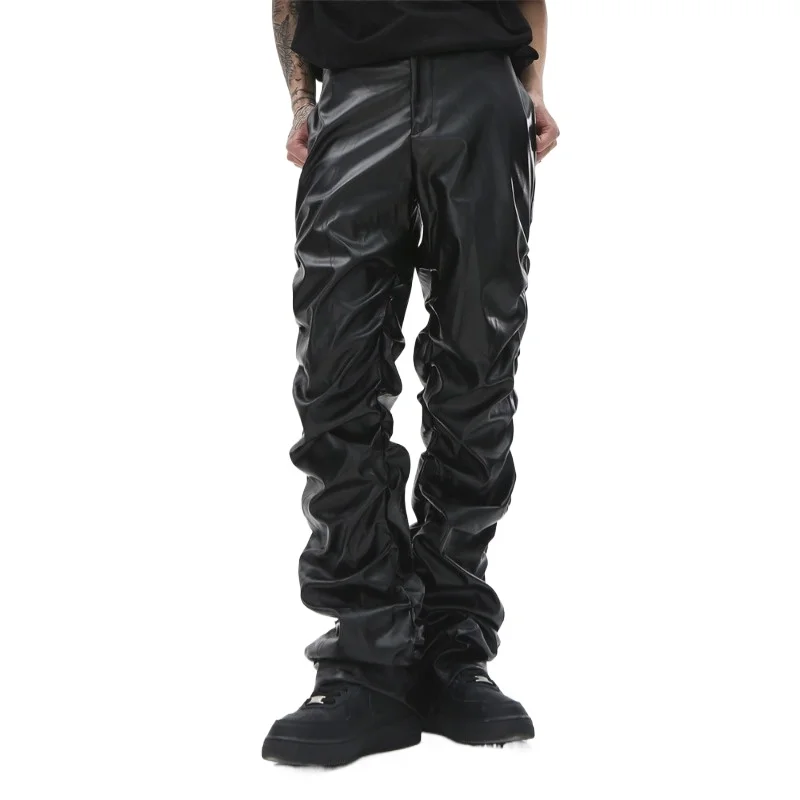 

Dark Punk Niche Design Sense Bright Face Pleated PU Leather Pants Male Ins Country Hip Hop Loose Casual Pants