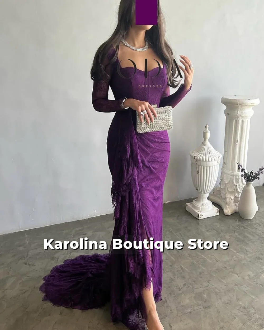 Women Elegant Solid Bodycon Maxi Evening Dress Purple Lace Long Sleeve Lady O-neck Evening Party Vestidos Robe Customized