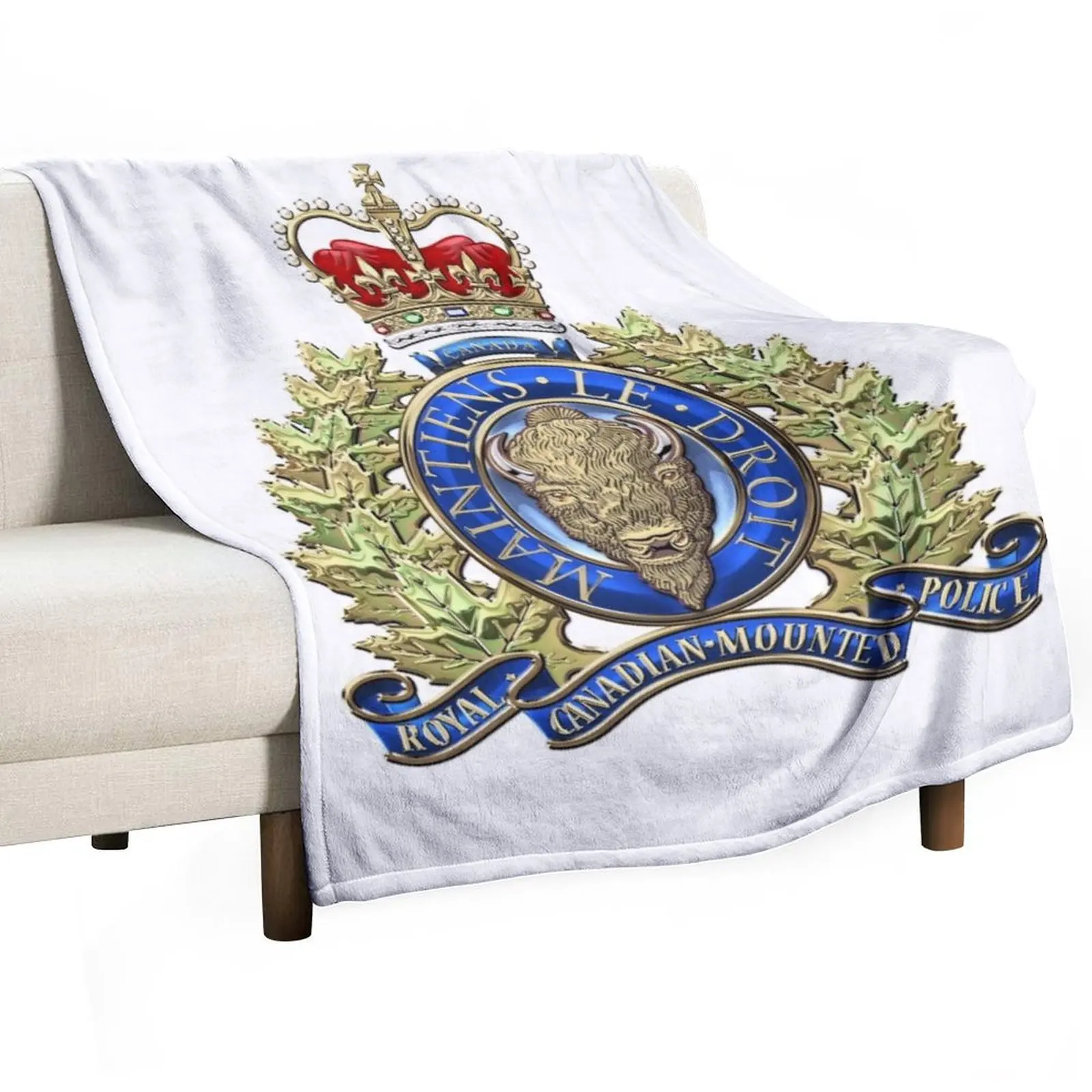 

Royal Canadian Mounted Police - RCMP Badge over White Leather Throw Blanket Sofa Quilt Retros Blankets