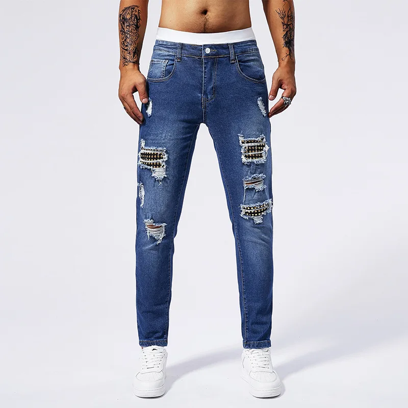 Men's Blue Stretch Straight Slim Ripped Jeans