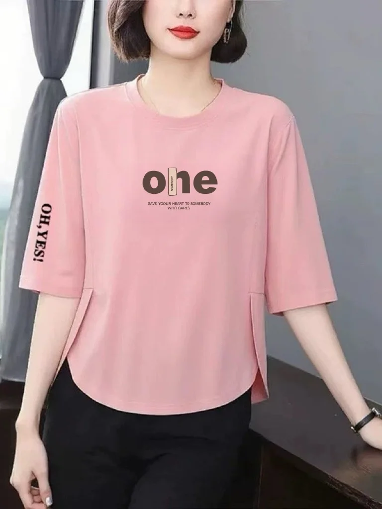 

Повседневная женская футболка с принтом и рукавом 3/4, свободного кроя, стройнящая, скрывающая недостатки фигуры, модная, омолаживающая, универсальная, для женщин среднего возраста