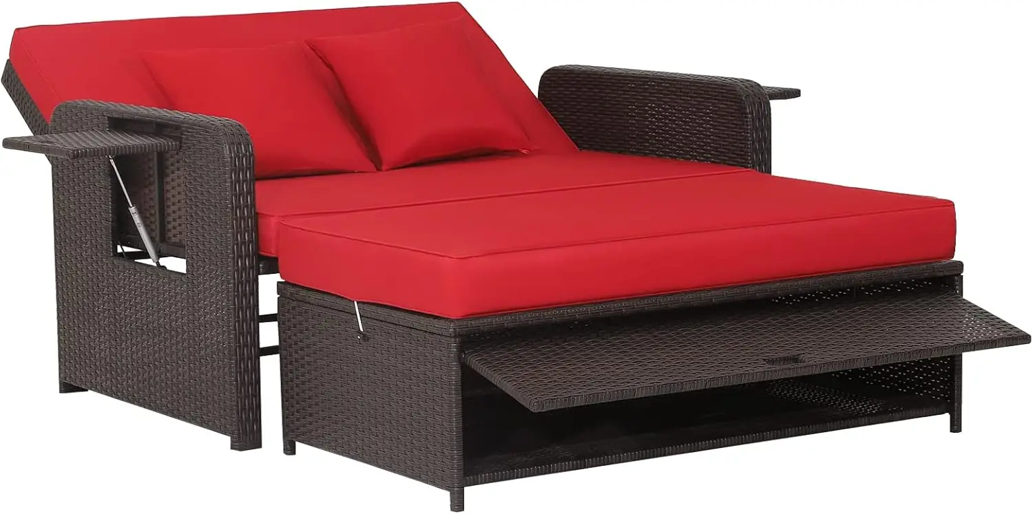 

Patio Rattan Daybed w/ Cushions, Outdoor Wicker Loveseat Sofa w/ Storage Ottoman, 4-Level Adjustable Backrest, Bed Lounger, Red