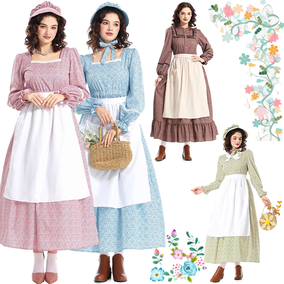 

Повседневное платье с длинными рукавами для взрослых в пасторальном стиле с цветочным принтом для женщин, карнавальный фартук на Хэллоуин, платье, наряд