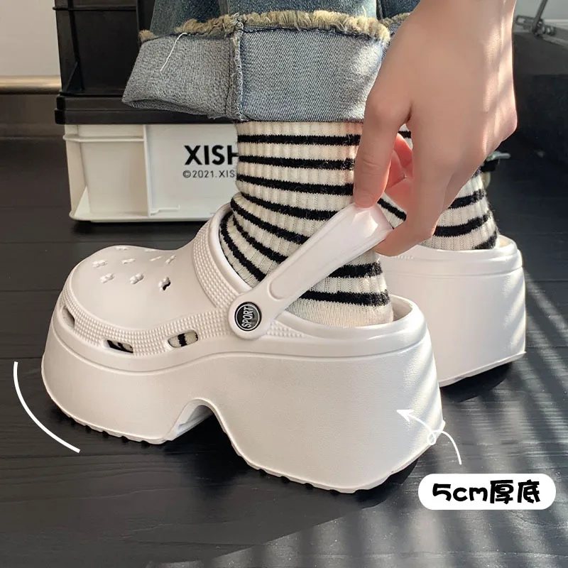 Summer 8cm Women Thick Sole Hole Shoes High Heel Soft Sole Beach Couple Garden Shoes Women's Elevated Anti Slip Platform Sandals