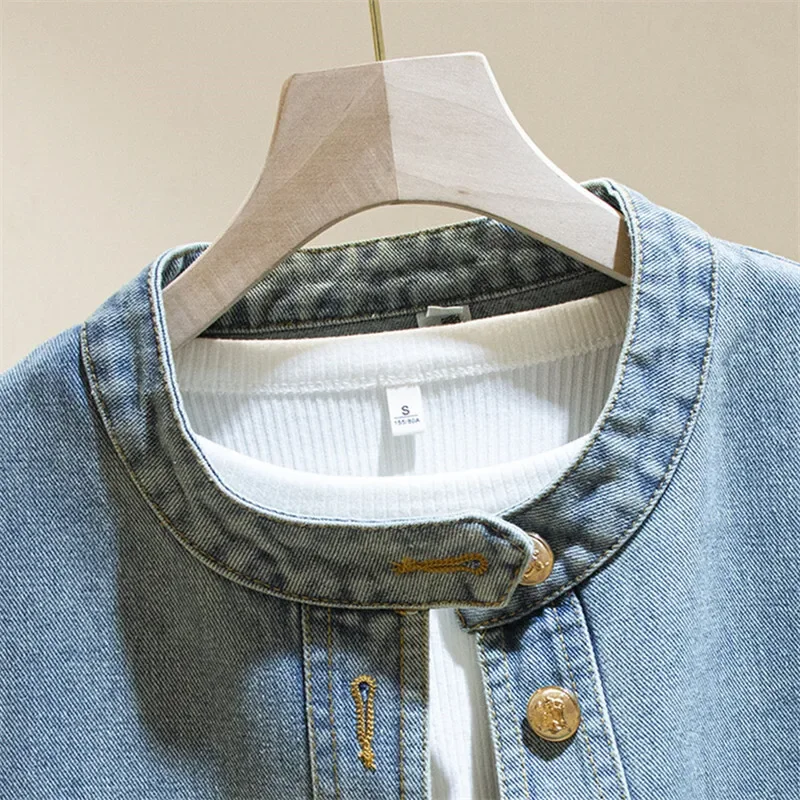 Vintage Blue Stand Collar Denim Jackets Women Loose Short Cowboy Outerwear Spring Autumn Long Sleeve Jeans Jacket Coat Female
