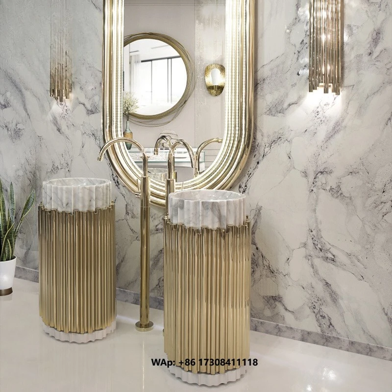 Latest Design Bathroom Mirrors and Washbasins Customized Luxury Stainless Steel Frame and White Marble Basin Sink for Lavatory