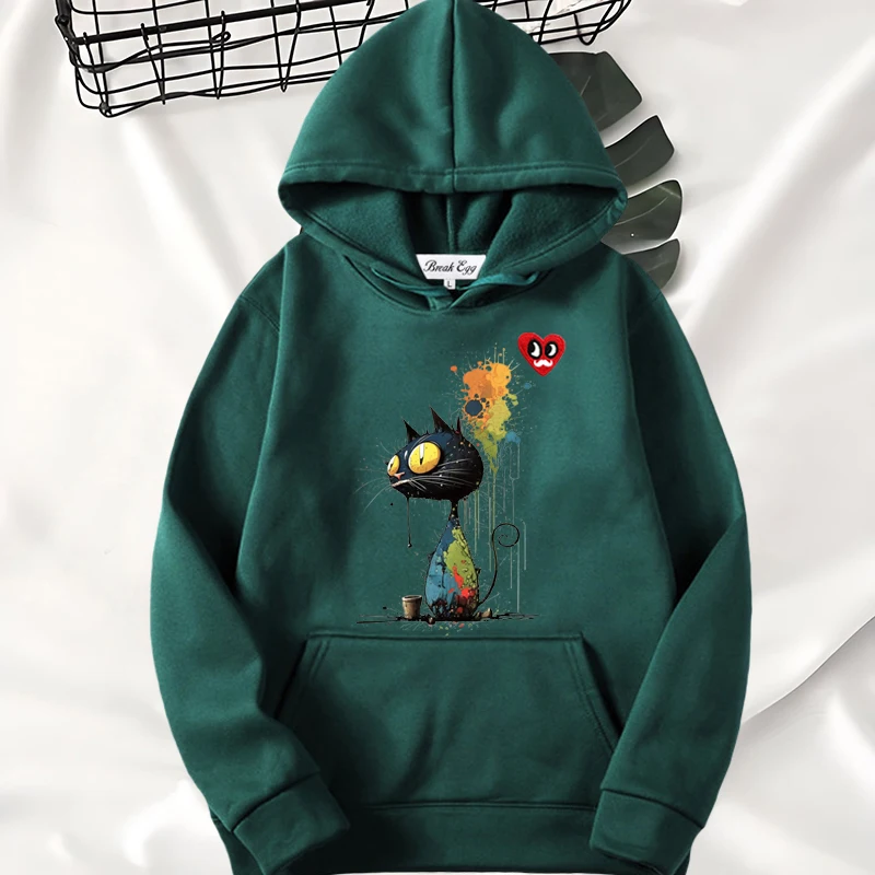 

Graffiti Art Big Eyes Cat Cartoon Printing Women Hoodie Polyester Red Eyes Beard Heart Embroidery Pullover Pockets Loose Hoody