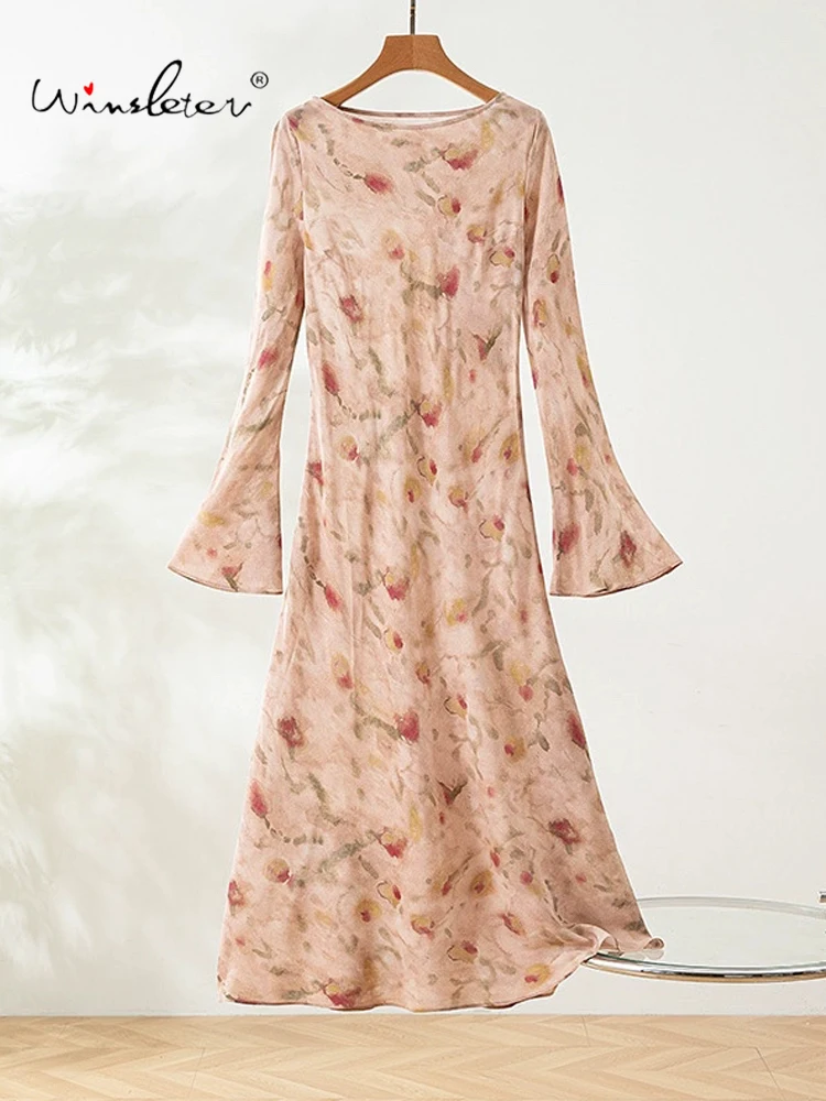 

Winsleter-Women 100%Real Silk Elegant Dress, O Neck Flare Sleeve Print, Retro Temperament Commute Dresses, 2025 Summer D54721CC