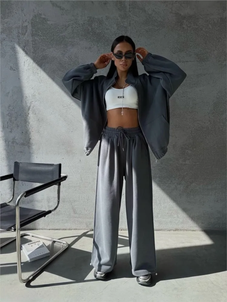 MsChuh Autumn Woman 2 Piece Set Outfit Solid Color Outerwears Long Pants Simple Style All-match Two Piece Outfits Casual Trendy