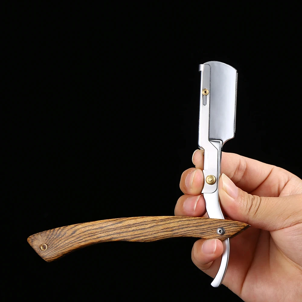 شفرات حلاقة مستقيمة للرجال بمقبض من الخشب الطبيعي تناسب شفرات الحواف المزدوجة ماكينة حلاقة احترافية ومغلقة (بدون شفرة) #3