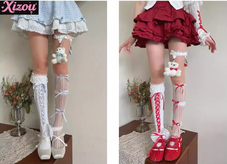 Millennium Babes Y2K Music Festival Stacked Tube Socks Women's Strap Lace Jk Lolita Leg Loop Socks Lolita Bow Cross Strap Socks