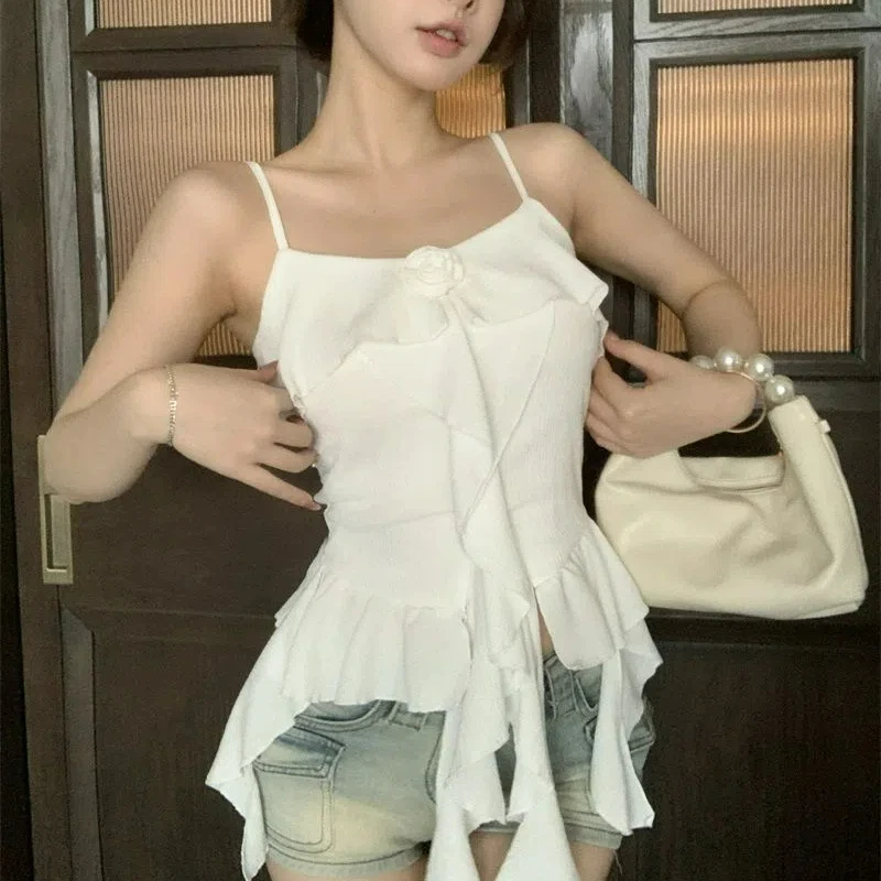 المرأة الصيف ثلاثية الأبعاد زهرة الكشكشة غير المتكافئة القمم مثير السباغيتي حزام سترة دون أكمام الصلبة الحلو شيك سليم الجنية بروتيل