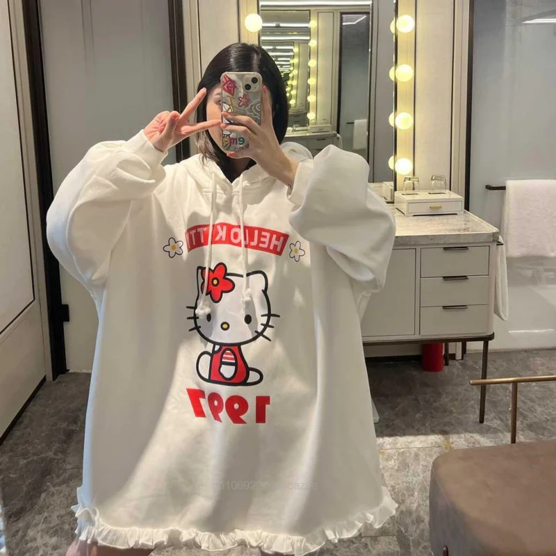 Sanrio Hello Kitty Trendy Mid Length Oversized Top Shirts Hooded Women Cute Loose Pullovers Y2k Autumn Winter Ruffled Hoodies