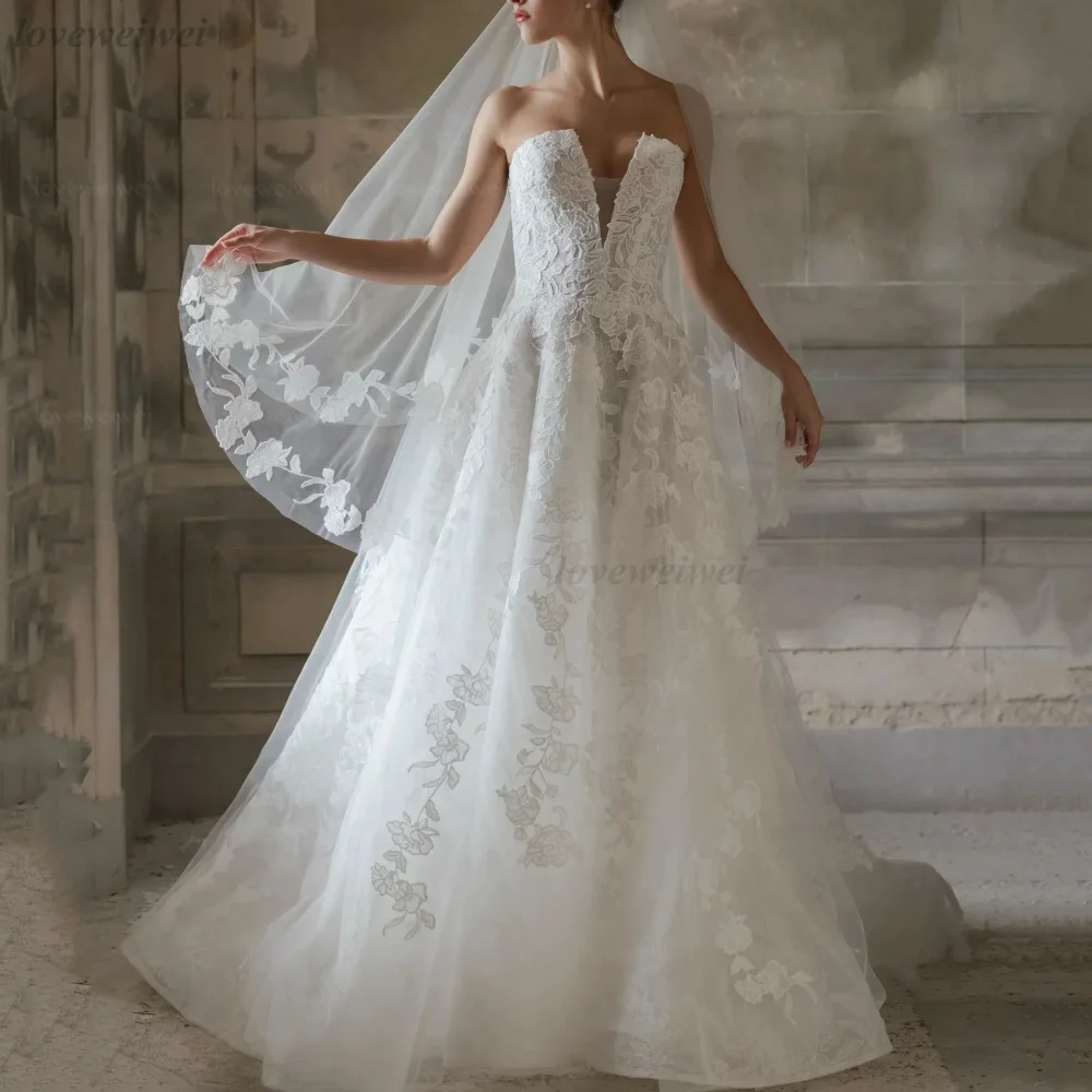 

Свадебное платье на заказ с аппликацией из тюля, А-силуэт, без бретелек, винтажное, для невесты