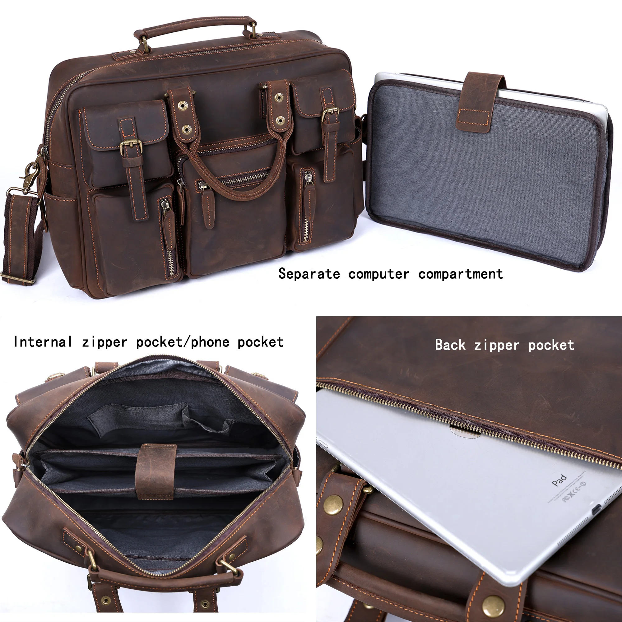Vintage Herren-Aktentasche aus Vollnarbenleder, 16 Zoll Laptop-Umhängetasche, Echtes Leder, Business-Reisetasche, Crazy Horse Leder – Detail 8