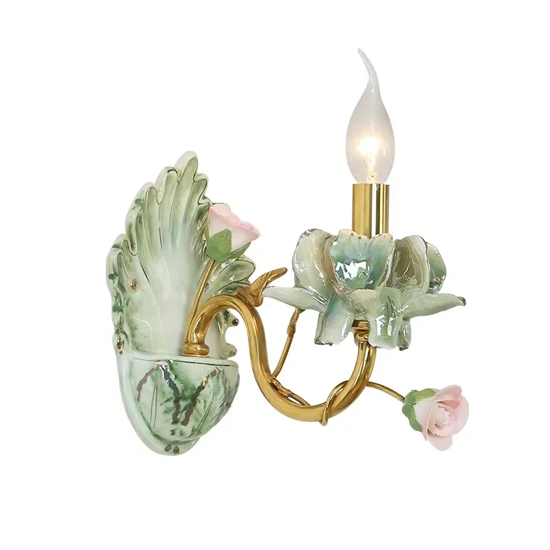 Green ceramic wall lamp and porcelain flower art style wall lamp lighting fixture living room bedroom decoration