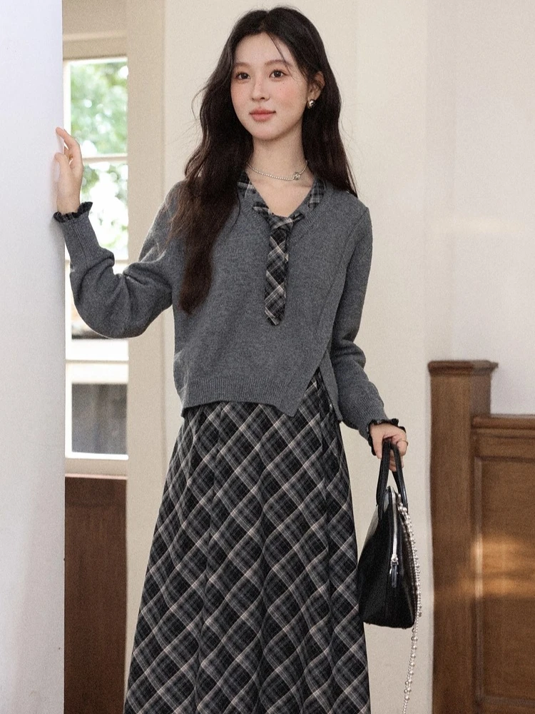 

ALXNAN Halter Dresses Autumn Plaid Pattern Contrast Color Mid-Rise A-Line Dresses Versatile Commuting Long Dresses DYL662069-1