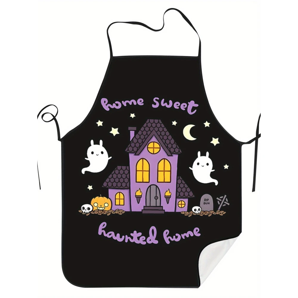 Home Sweet Home Halloween Apron Vintage Style Woven Fabric with Playful Ghost Witch and Haunted House Print Halloween