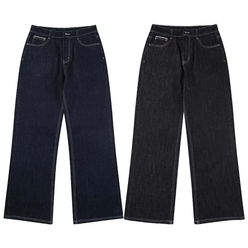 American Men's Solid Color Loose Wide Leg Straight Casual Trendy Simple Basic Denim Trousers 2026 New Fashion Vintage Clothes