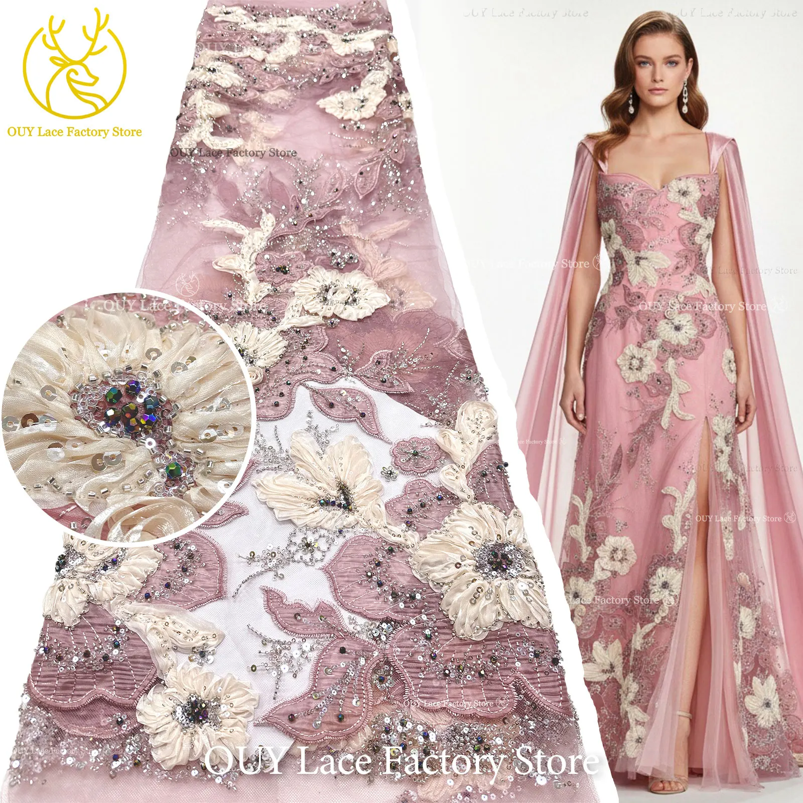 3D Handgefertigter Stickerei-Tüll-Spitzenstoff 2026 Afrikanischer Pailletten-Perlen-Spitzenstoff Nigerianischer Brautkleid-Spitzenstoff DIY Nähstoff – Detail 6
