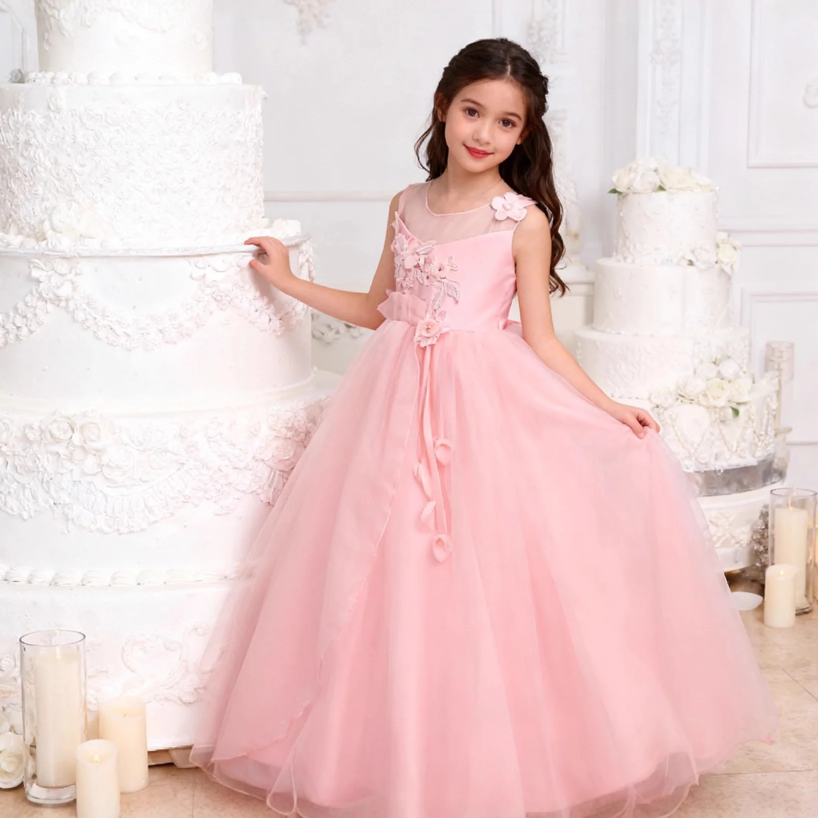 4-15 Year Teens Party Prom Dress Wedding Flower Girl Dress Kids Girls Elegant Princess Sleeveless Pageant Formal Long Dress