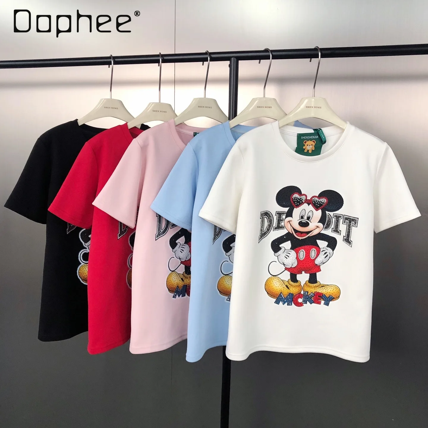 

Korean Version Original Fashion Cartoon Rhinestone Print Loose Versatile Trendy Short Sleeve T-Shirt for Women Kawaii Clothes