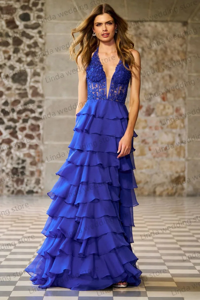 Spring Blue Prom Dress Handmade Multilayer Sleeveless Formal Occasion Gowns Lace Appliqued Tiered Puffy Party Dress