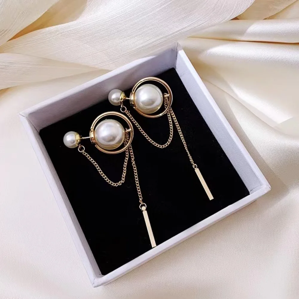 Long chain earrings, Korean fashion pearl earrings, long tassel metal chain pendant, fashionable, cute, exquisite jewelry