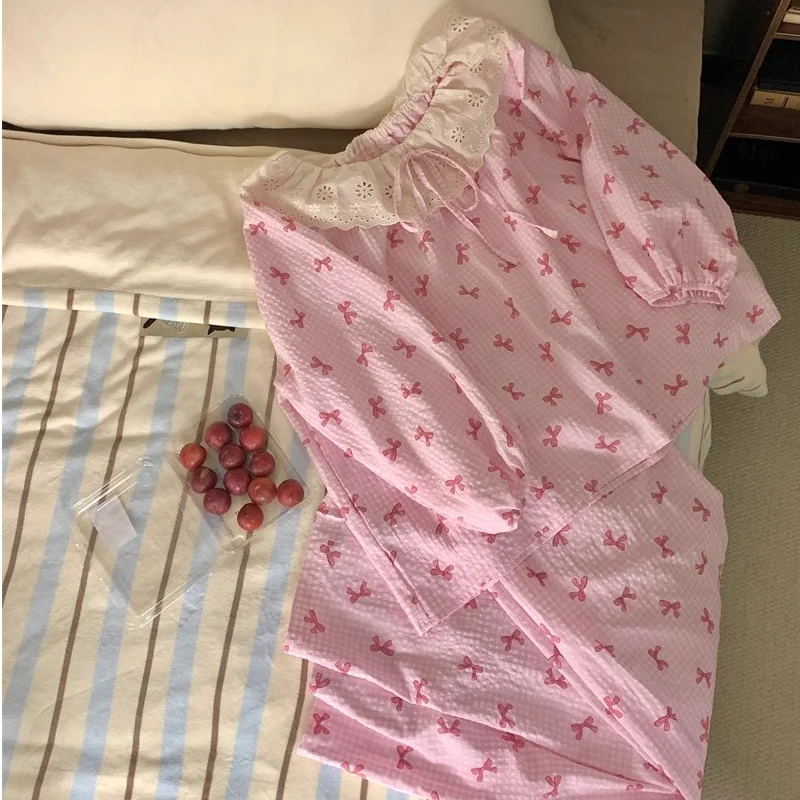 Pijamas franceses Retro de Instagram para mujer, conjunto de manga larga para primavera y otoño, ropa cómoda, dulce y bonita de encaje para el hogar, nuevo estilo