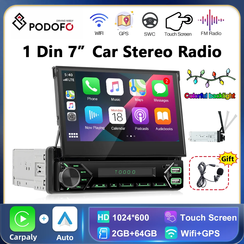 

Podofo 1DIN 7" HD Manual Retractable Touch Screen Monitor Music Player Universal Car mp5 with FM Radio Receiver Support TF/USB