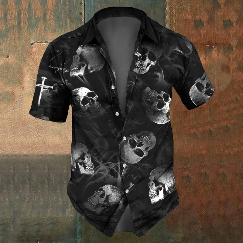 Camisa de manga curta de caveira masculina, preta e branca, extragrande, respirável, camiseta vintage com lapela, casual, verão